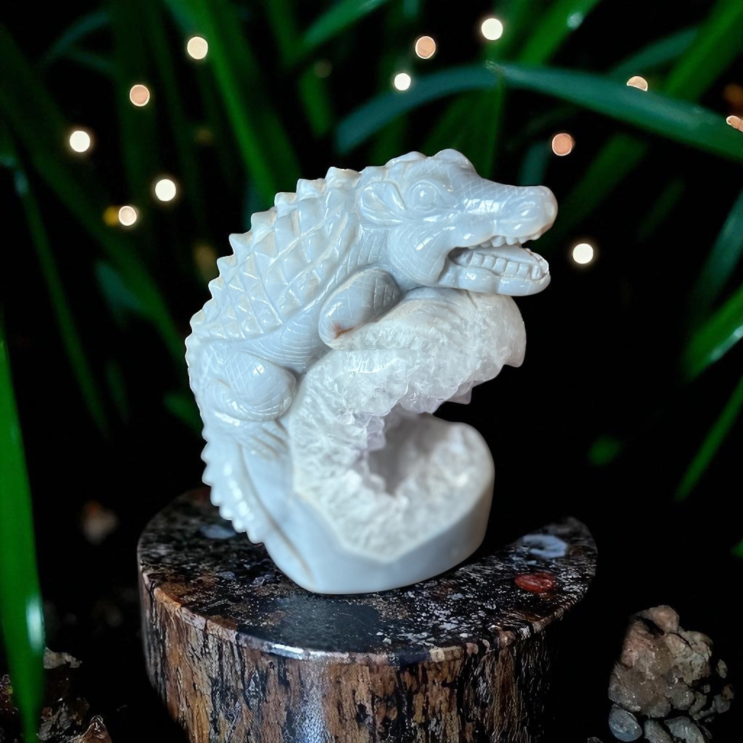 Hand-Carved Agate Geode Alligator Sculpture