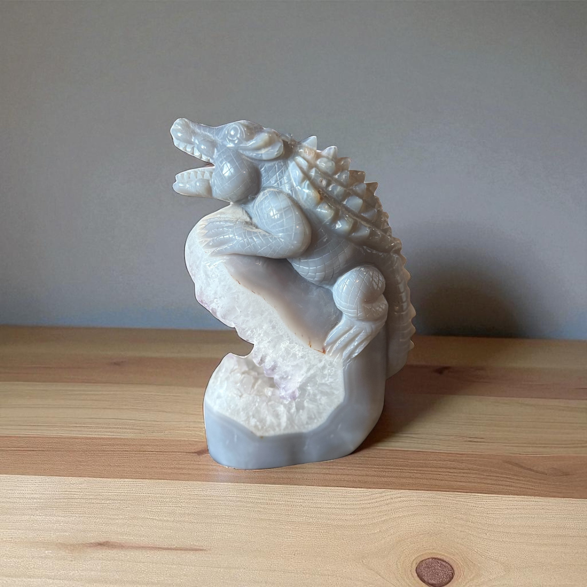 Hand-Carved Agate Geode Alligator Sculpture